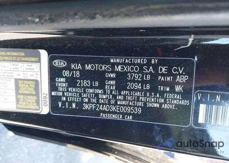 2019 Kia Forte Fe from USA, damaged, VIN 3KPF24AD3KE009539